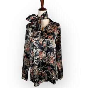 VTG Floral Button Front Blouse With Matching Tie Scarf‎ Black Rose Print Size 16